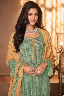 Green Embroidered Georgette Salwar Free size full stitched Up To 42" Size 2