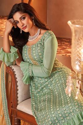 Green Embroidered Georgette Salwar Free size full stitched Up To 42" Size 3