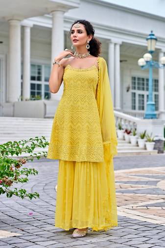Yellow Embroidered Georgette Salwar Up To 42" Size
