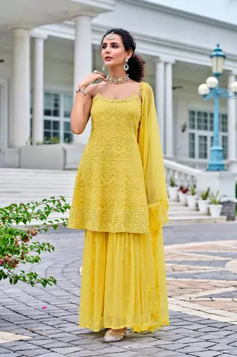 Yellow Embroidered Georgette Salwar Up To 42" Size