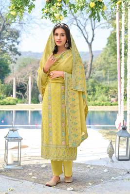 Yellow Embroidered Georgette Salwar Up To 42" Size 1