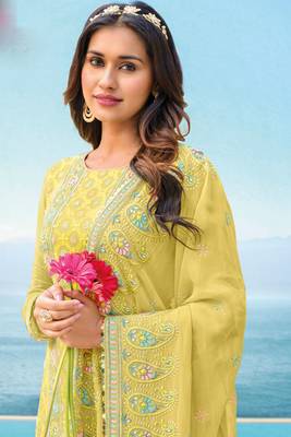 Yellow Embroidered Georgette Salwar Up To 42" Size 2