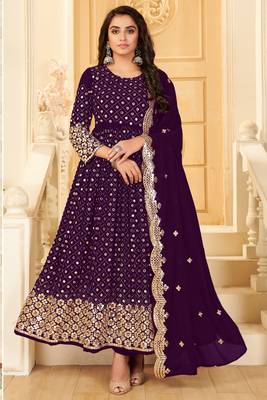 Purple Embroidered Georgette Salwar Up To 42" Size 1