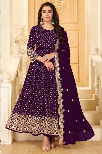 Purple Embroidered Georgette Salwar Up To 42" Size