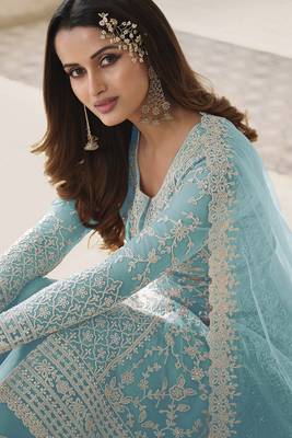 Blue Net Gold Embroidery Salwar Suit with Dupatta 2