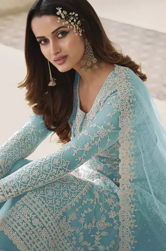 Blue Net Gold Embroidery Salwar Suit with Dupatta