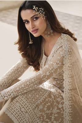 Fawn Embroidered Net Salwar Free size full stitched Up To 42" Size 2
