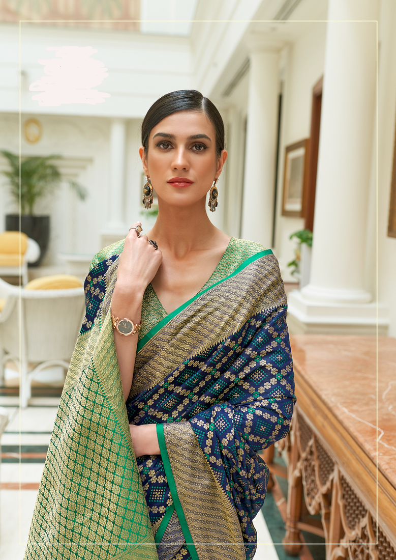 Navy Blue Traditional Indian thread Weaving Patola Silk bland Saree With Boluse 
