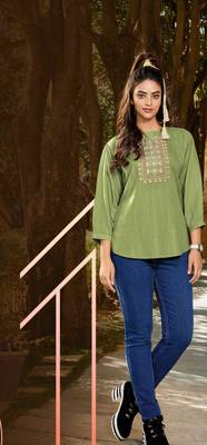 Green embroidered linen short-kurtis 1