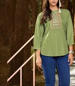 Green embroidered linen short-kurtis