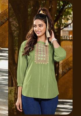 Green embroidered linen short-kurtis 2