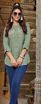 Olive embroidered linen short-kurtis 1
