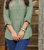 Olive embroidered linen short-kurtis