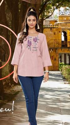 Pink embroidered linen short-kurtis 1