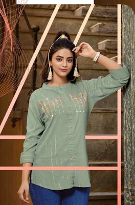 Olive embroidered linen short-kurtis 2