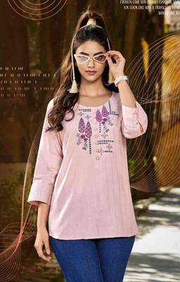 Pink embroidered linen short-kurtis 2