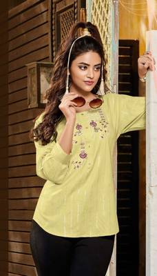 Yellow embroidered linen short-kurtis 1