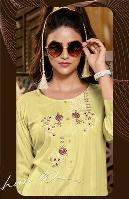 Yellow embroidered linen short-kurtis 2