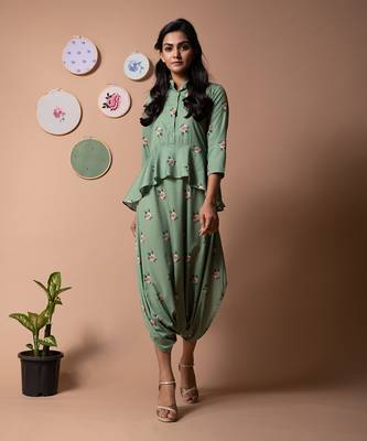 Green Seafoam Green Peplum Dhoti Jumpsuit 1