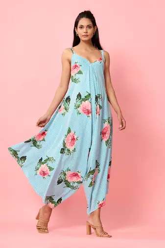 Blue Striped Floral Palazzo Jumpsuit