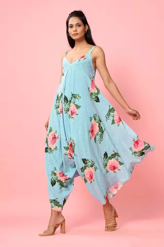 Blue Striped Floral Palazzo Jumpsuit