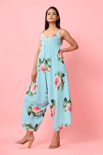 Blue Striped Floral Palazzo Jumpsuit