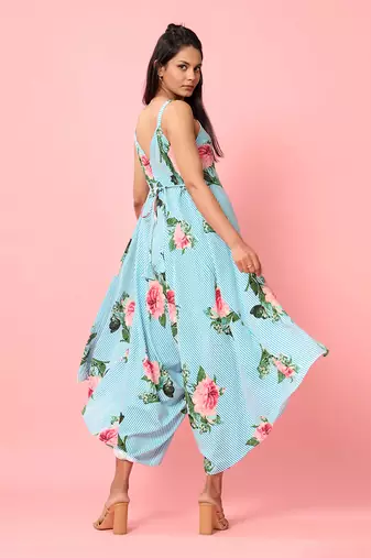 Blue Striped Floral Palazzo Jumpsuit