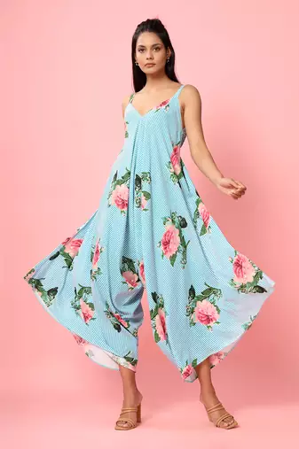 Blue Striped Floral Palazzo Jumpsuit
