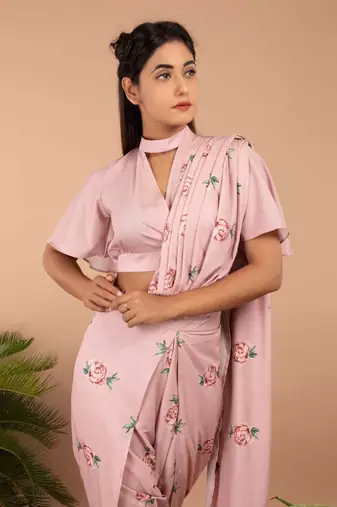 Pink Tuberose Pink Dhoti Saree Pants & Top