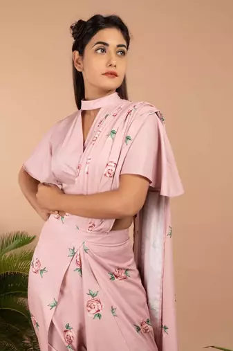 Pink Tuberose Pink Dhoti Saree Pants & Top