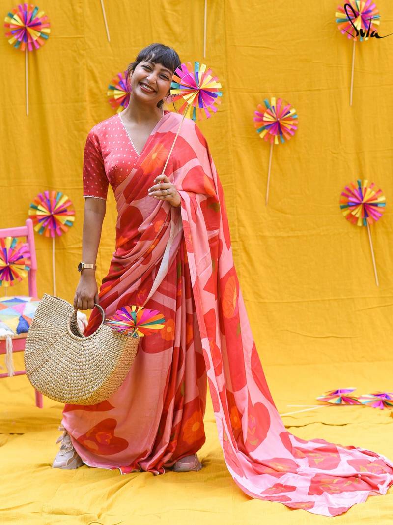 Suta Pink Printed Modal viscose Saree WITH FALL