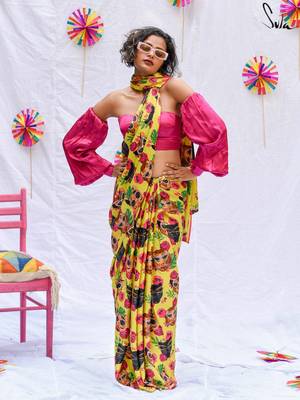 Suta Yellow Printed Modal viscose Saree WITH FALL 1