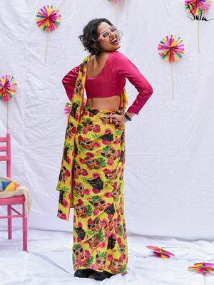 Suta Yellow Printed Modal viscose Saree WITH FALL 3