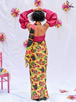 Suta Yellow Printed Modal viscose Saree WITH FALL 4