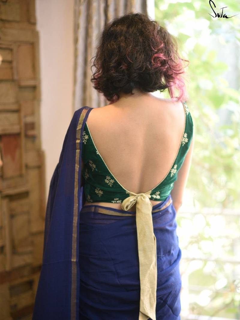 'Suta Women''S Green Embroidered Velvet Saree Blouse'