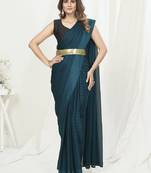 Teal Blue Plain Ready To Wear Silk Saree With Blouse