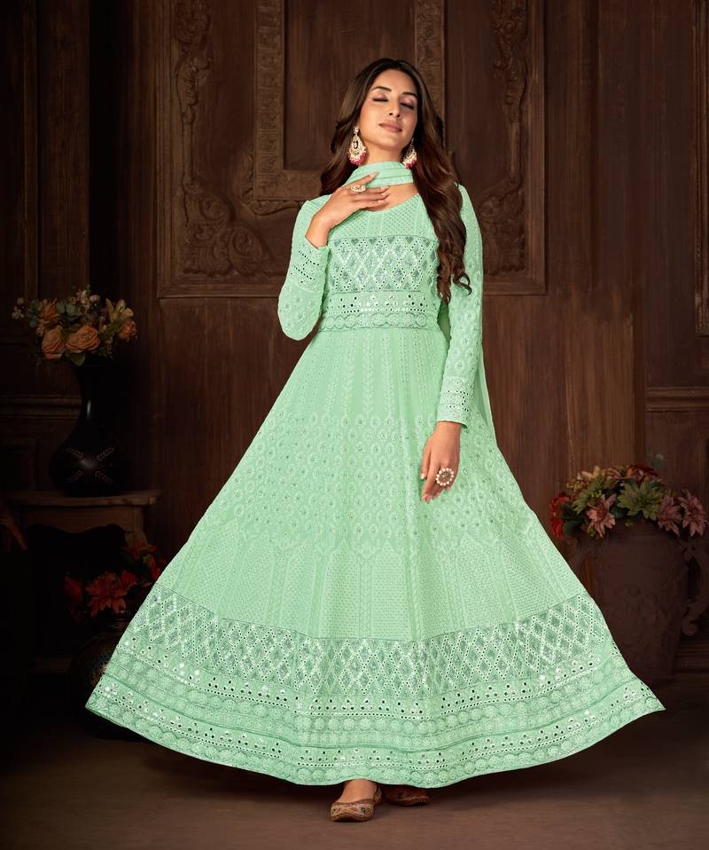 ELEGANT LIGHT GREEN FANCY SEQUINS EMBROIDERED GEORGETTE PARTY WEAR GOWN  SEMI STITCHED - Velly - 4065822