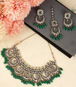 Traditional Gold Plated Green Colored Kundan and Pearl Studded Bridal Necklace Set with Earring and Maangtikka