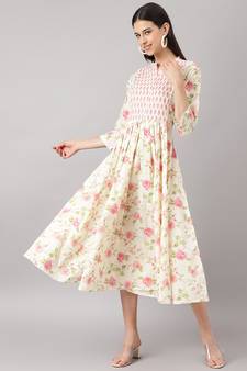 Cream printed cotton ethnic-kurtis