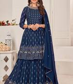 Blue Embroidered Georgette Salwar Up To 42" Size