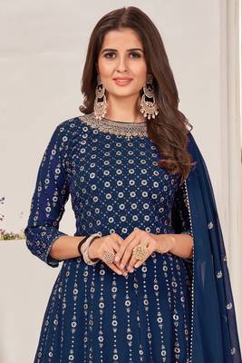 Blue Embroidered Georgette Salwar Up To 42" Size 2