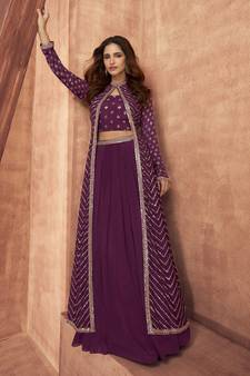Purple Embroidered Chiffon Salwar Free size full stitched Up To 42" Size
