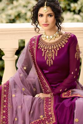 Wine Embroidered Georgette Salwar Up To 42" Size 2