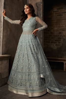 Blue Embroidered Net Salwar Free size full stitched Up To 42" Size 1