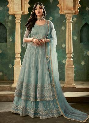 Ice Blue Net Sequin Embriodered Lehenga Suit 1