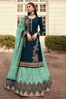 Blue Embroidered Georgette Salwar Free size full stitched Up To 42" Size