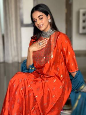 Orange printed silk ethnic-kurtis 1