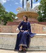 Navy-blue printed georgette ethnic-kurtis
