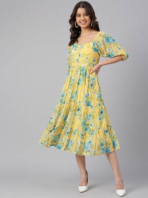 Yellow printed georgette long-dresses 1