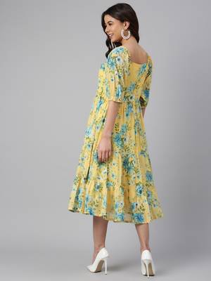 Yellow printed georgette long-dresses 2